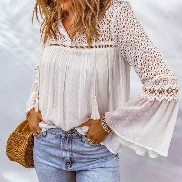New Women's Boutique White Lace Chiffon Long Sleeve Ethereal Boho Blouse Top - Picture 4 of 9